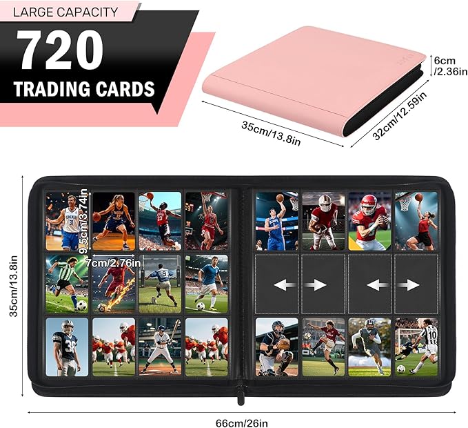 12 Pocket Card Binder, Zipper Trading Card Binder, 720 Large Capacity Side Loading Non-Ring Card Album, Double Sided Acid-Free Card Protector Binder, Card Collection for TCG, MTG, Sport Card, Pink