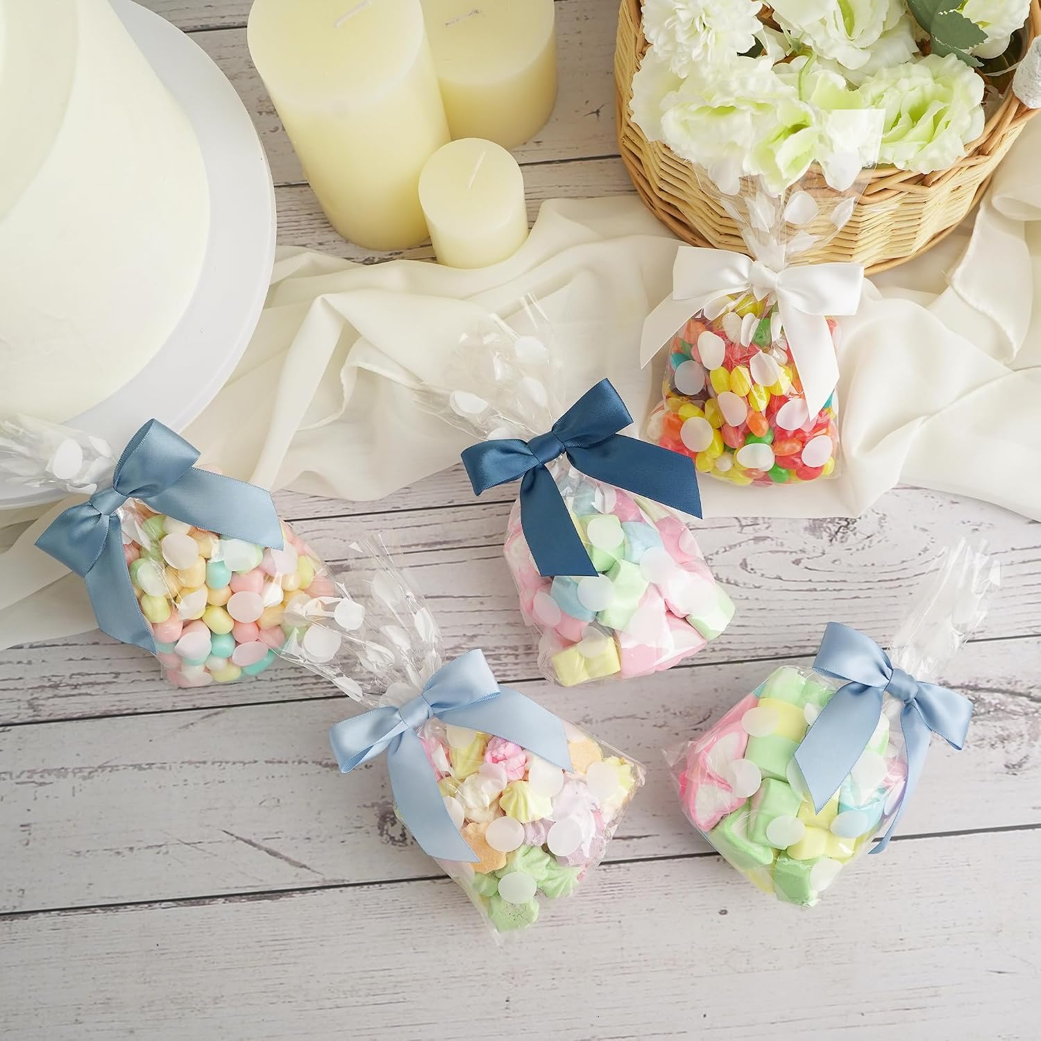 AIMUDI 5 Colors Dusty Blue Twist Tie Bows 3.5" Premade Blue Satin Ribbon Bows for Gift Wrapping Pre-Tied Treat Bows for Wedding Decor, Bridal Shower, Baby Shower, Wreaths, Party Favors - 50 Counts
