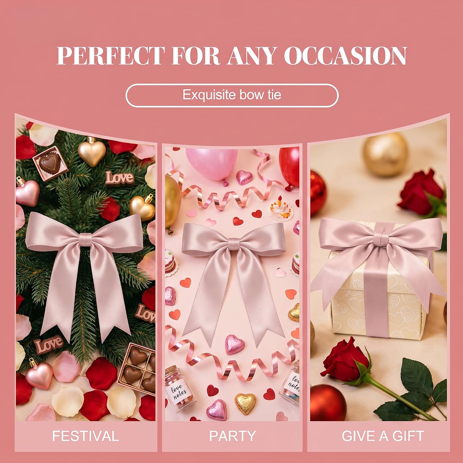1 String Pink Bow Garland Banner Decorations, Pre-Strung Satin Ribbon Bows for Birthday, Baby Shower, Bridal Shower, Coquette Girls Room, Bow Themed Party, Wedding, Christmas Tree Decorations