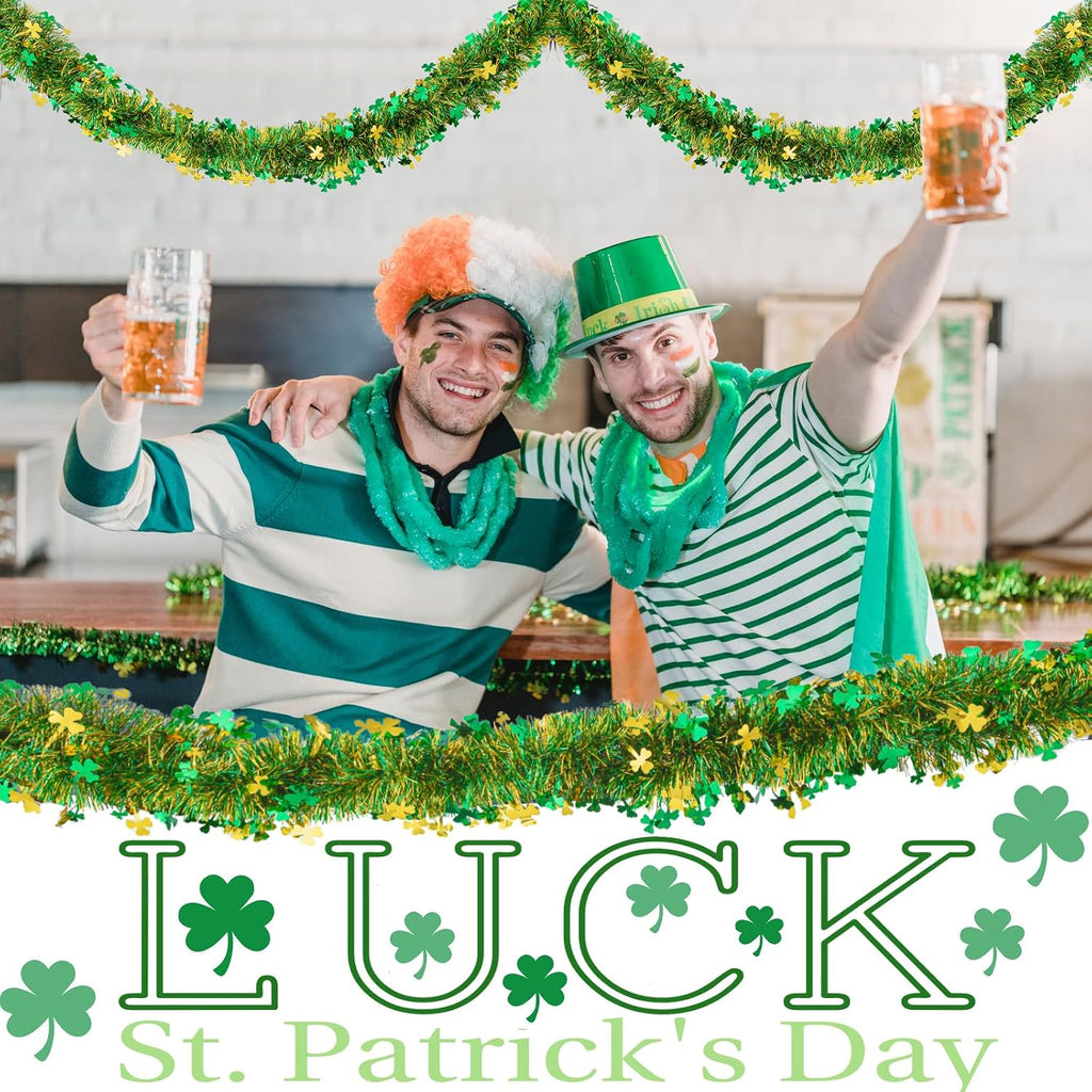 33FT St.Patrick's Day Tinsel Garland Shamrock Clover Green Golden Metallic Twist Tinsel Garland Hanging Foil Garland for St. Patrick's Day Irish Festival Party Indoor Outdoor Decoration