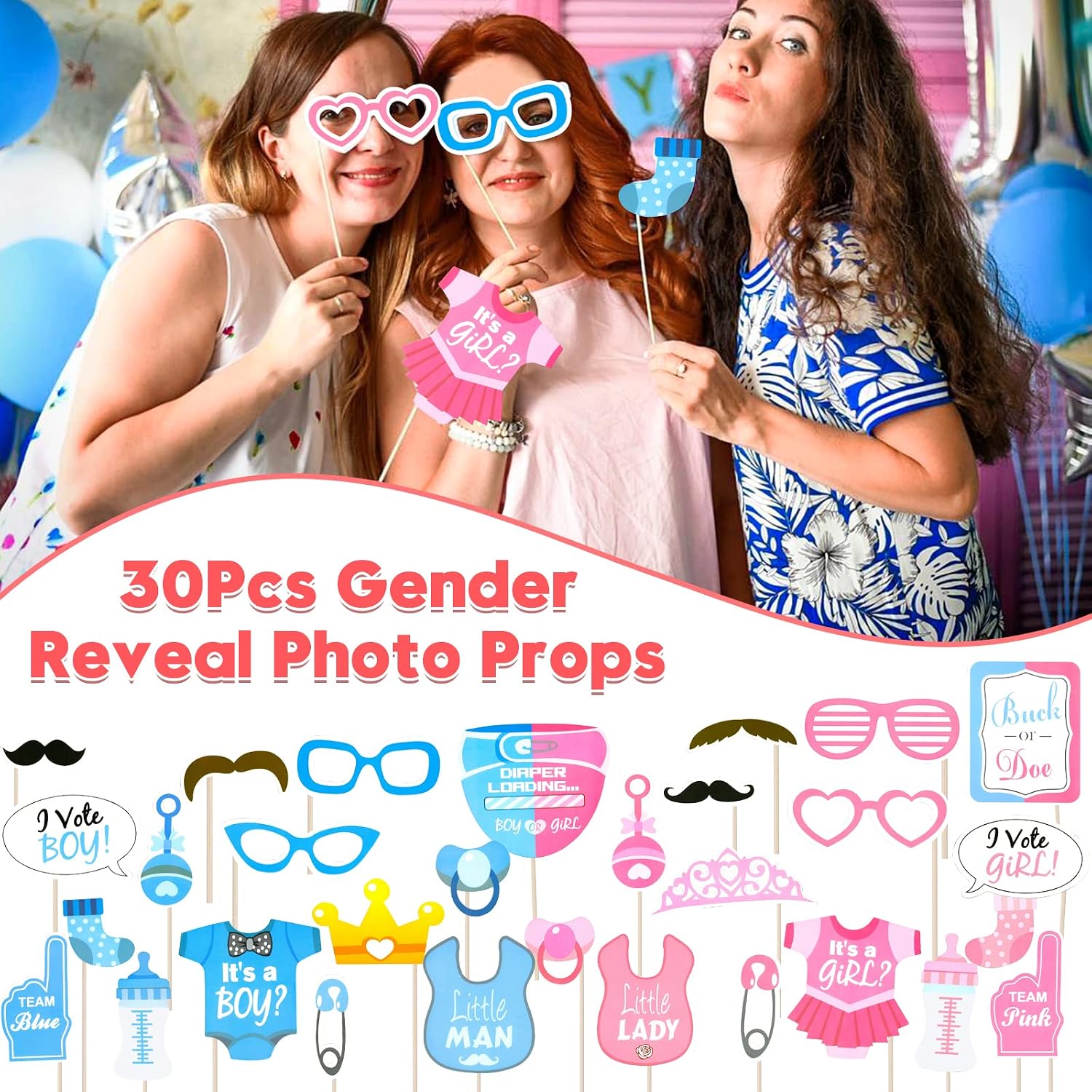 Winrayk Baby Gender Reveal Party Favors Supplies Ideas, Team Boy or Girl Pins Daddy and Mommy Badge Pin Silicone Bracelet Photo Prop Necklace, 104 Baby Shower Favors Pink Blue Gender Reveal Decor Game