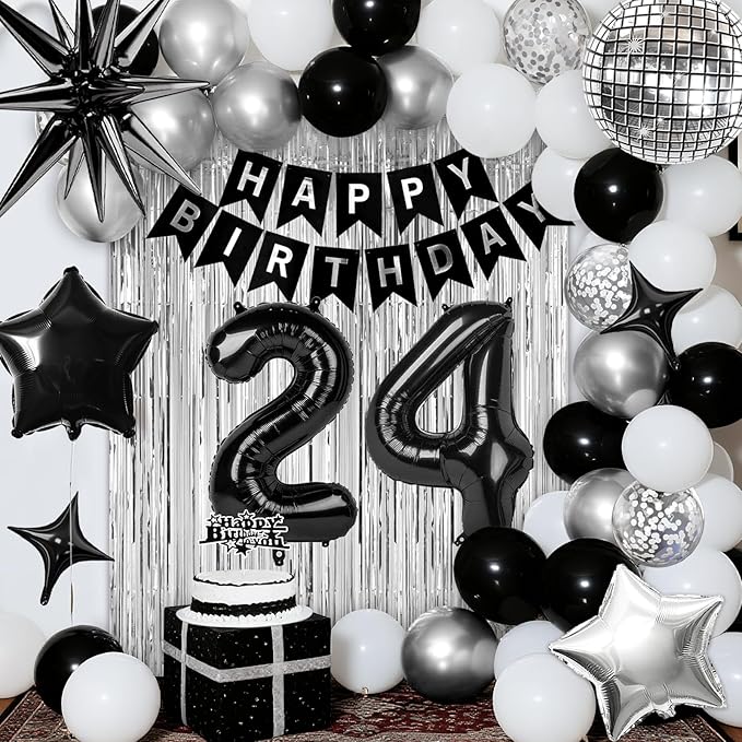 24th Birthday Decorations for Men Women, Black Silver Happy Birthday Party Decorations， 24 Year Old Party Supplies with Number 24 Balloons, Banner, Fringe Curtains Kit