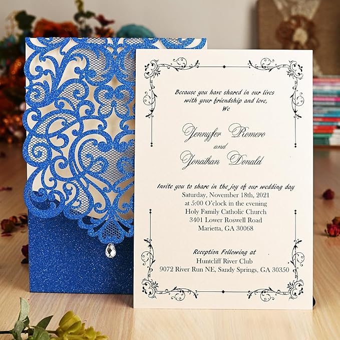 Hosmsua 50PCS Wedding Invitations Cards 5 x 7.3 Inch Laser Cut Hollow Rose Invitation with Rhinestone for Bridal Shower Engagement Quinceañera (Royal Blue Glitter)