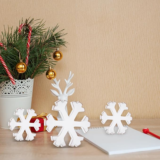 6Pcs Snowflake Decorations Christmas Decor White Winter Wooden Snowflakes Standing Christmas Tiered Tray Decor Table Signs Winter Wonderland Decorations for Indoor Home Xmas Shelf Fireplace Mantel