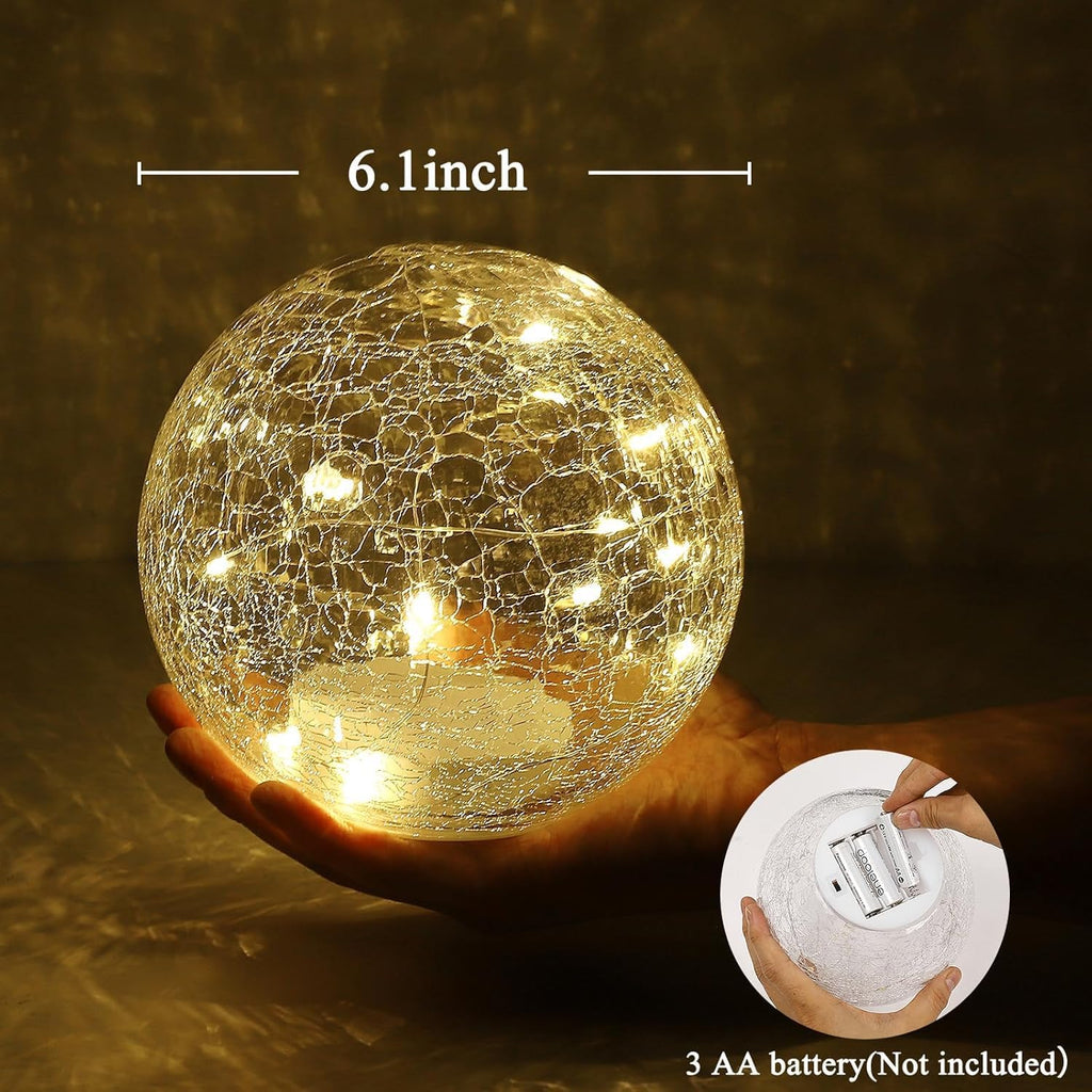 6 Inches Crackle Globe LED Lamp Battery Operated with Timer, Gold Mercury Crackled Glass Ball Light with Bottom Switch for Festival Christmas Decoration, Home Living Room Indoor