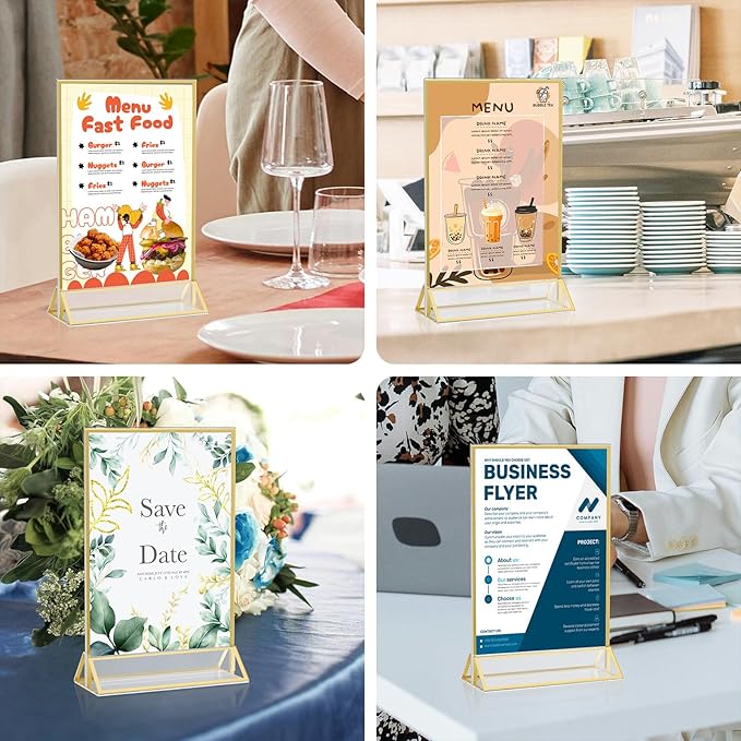 Acrylic Gold Sign Holders 4x6, 2 Pack Wedding Gold Table Number Holders, Double Sided Photo Display Picture Frame Paper Stand, Clear Flyer Stand Menu Holder for Wedding, Home, Party, Restaurant