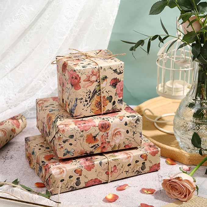 RUSPEPA Floral Wrapping Paper Bouquet for Women, 17 in x 16.4 ft, Mini Roll, Blooming with Bird and Butterfly Design, Kraft Wrapping Paper Roll for Spring, Birthday and Baby Shower