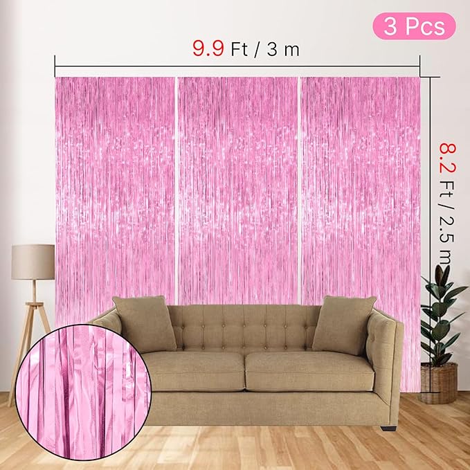 PartyWoo Pink Streamers Tinsel Backdrop Curtain 3pcs 8.2ft Foil Fringe Curtain for Baby Shower Bridal Shower Wedding Pink Cheetah Princess Girl Pajama Theme Birthday Party Celebration Decorations