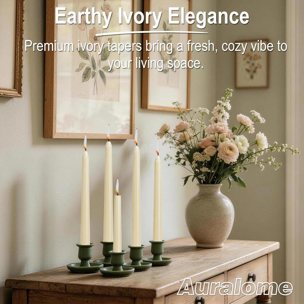 10-Inch Ivory Taper Candles - Dripless Smokeless Tapered Candle Cream Unscented Candlesticks Paraffin Wax Long Slow Burning Tall Candle Sticks for Dinner Business Wedding Restaurants 12 Pack