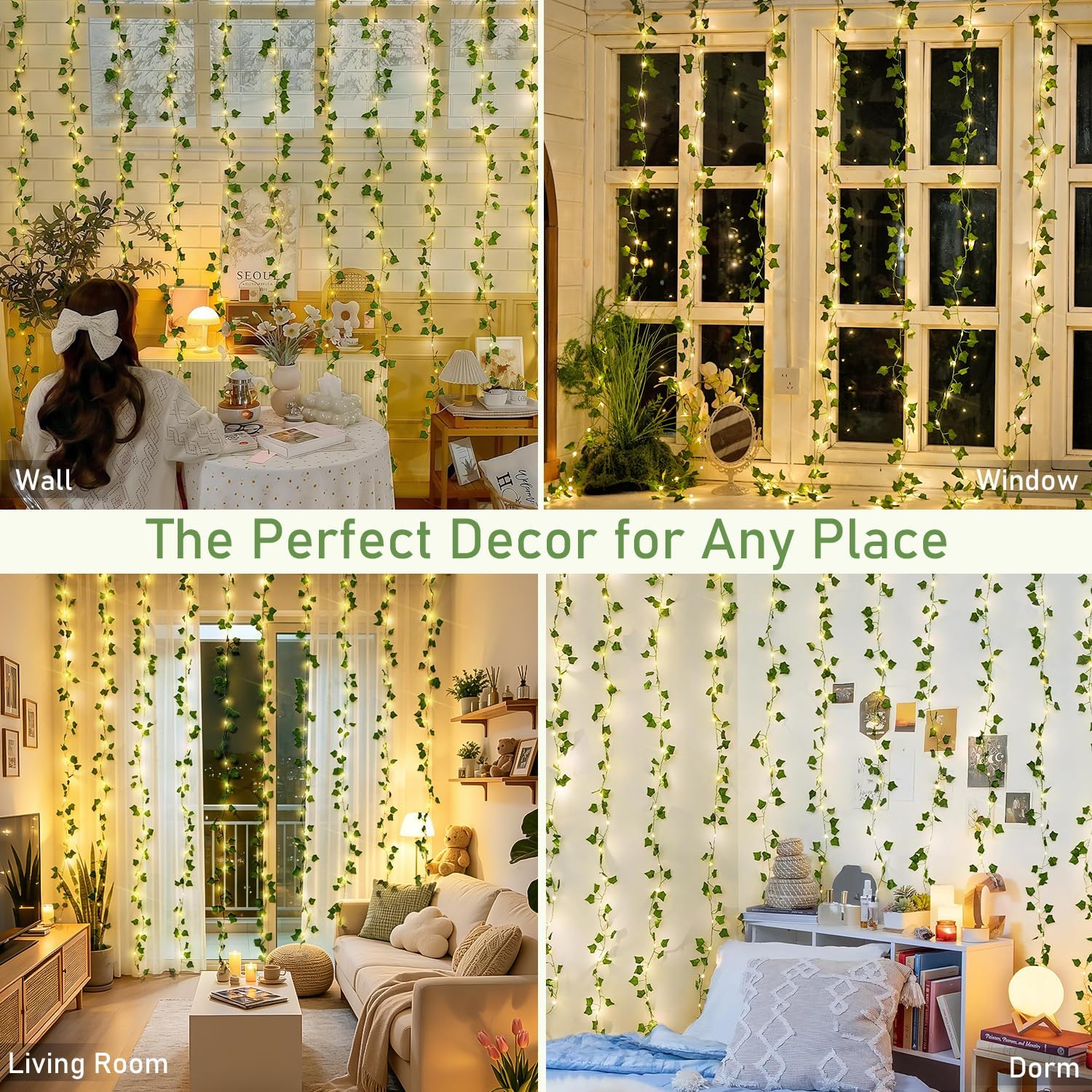 JMEXSUSS Vine Lights for Bedroom, 200 LED Vines Fairy Lights, Artificial Ivy Leaf Light for Wall Curtain Wedding Party Christmas Indoor Decor, 6.5ft x 6.5ft with Remote
