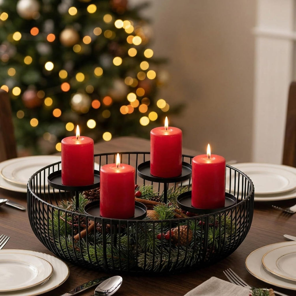 4-Tray Matte Black Candle Holder - Round Pillar Candle Holder for Fireplace Mantel, Dining Table Centerpiece, Modern Wire Basket Candle Stand for Home Decor, Wedding & Holiday Decorations