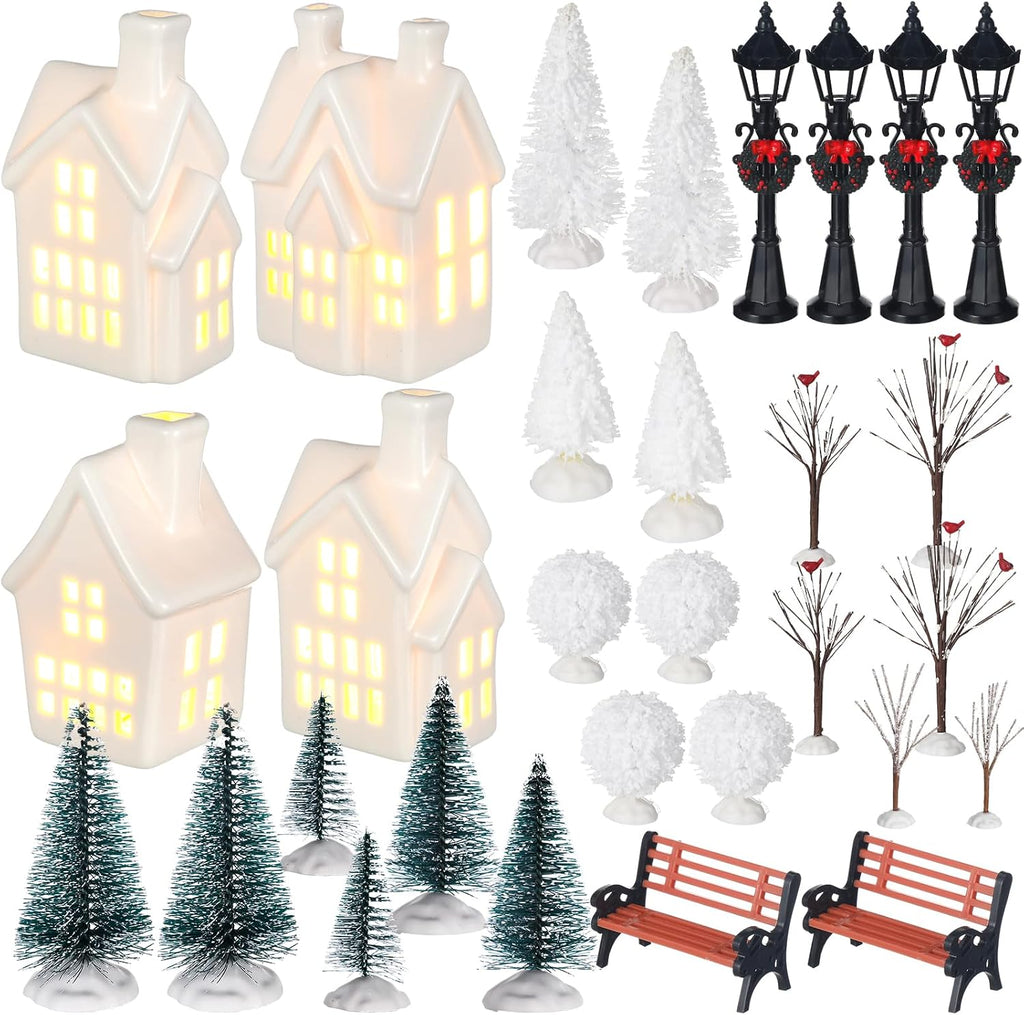 ceramic christmas village sets with led light winter, close-up detail
