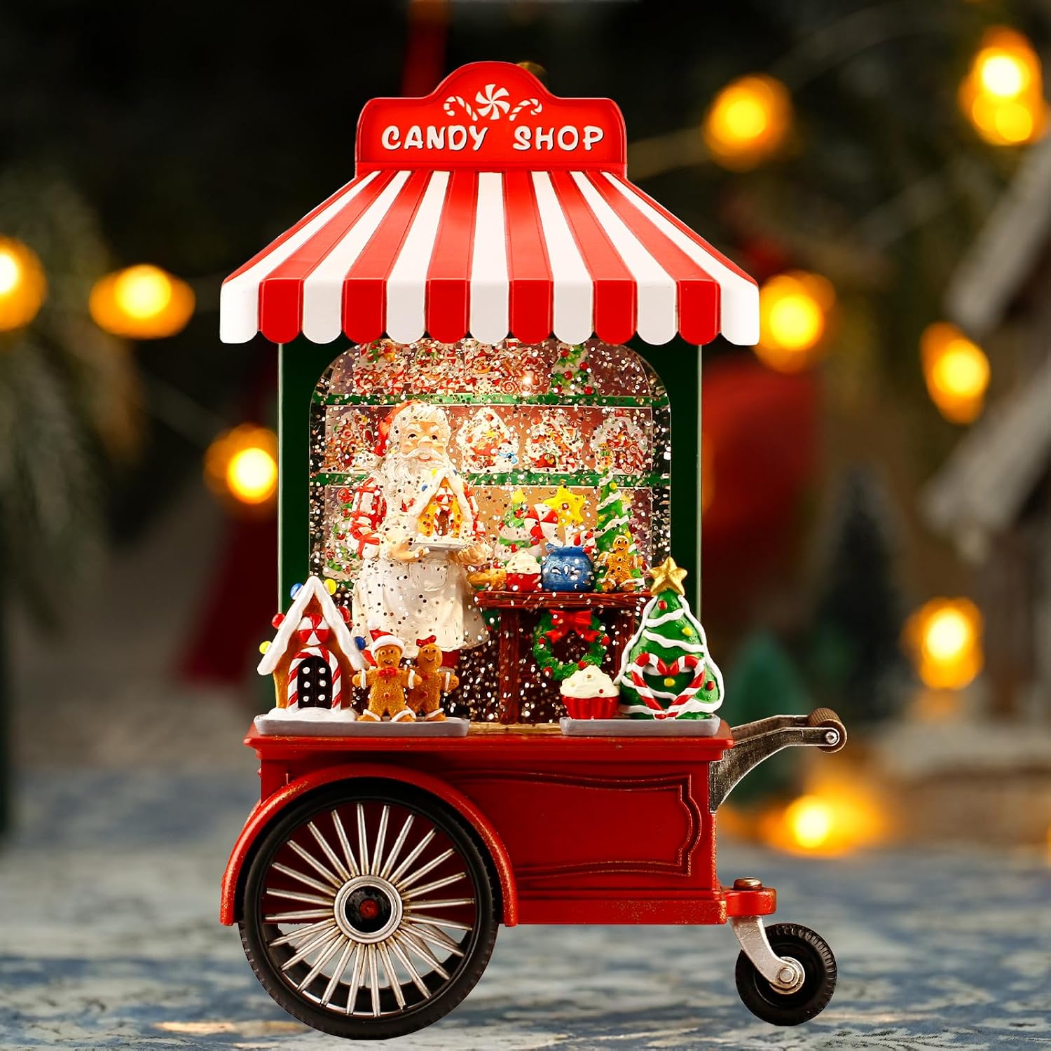 Christmas Snow Globe, Candy Cart Christmas Snow Globe with 6H Timer, 10.8 Inches Lighted Musical Santa Snow Globes, Spinning and Swirling Glitter Christmas Decorations Gifts