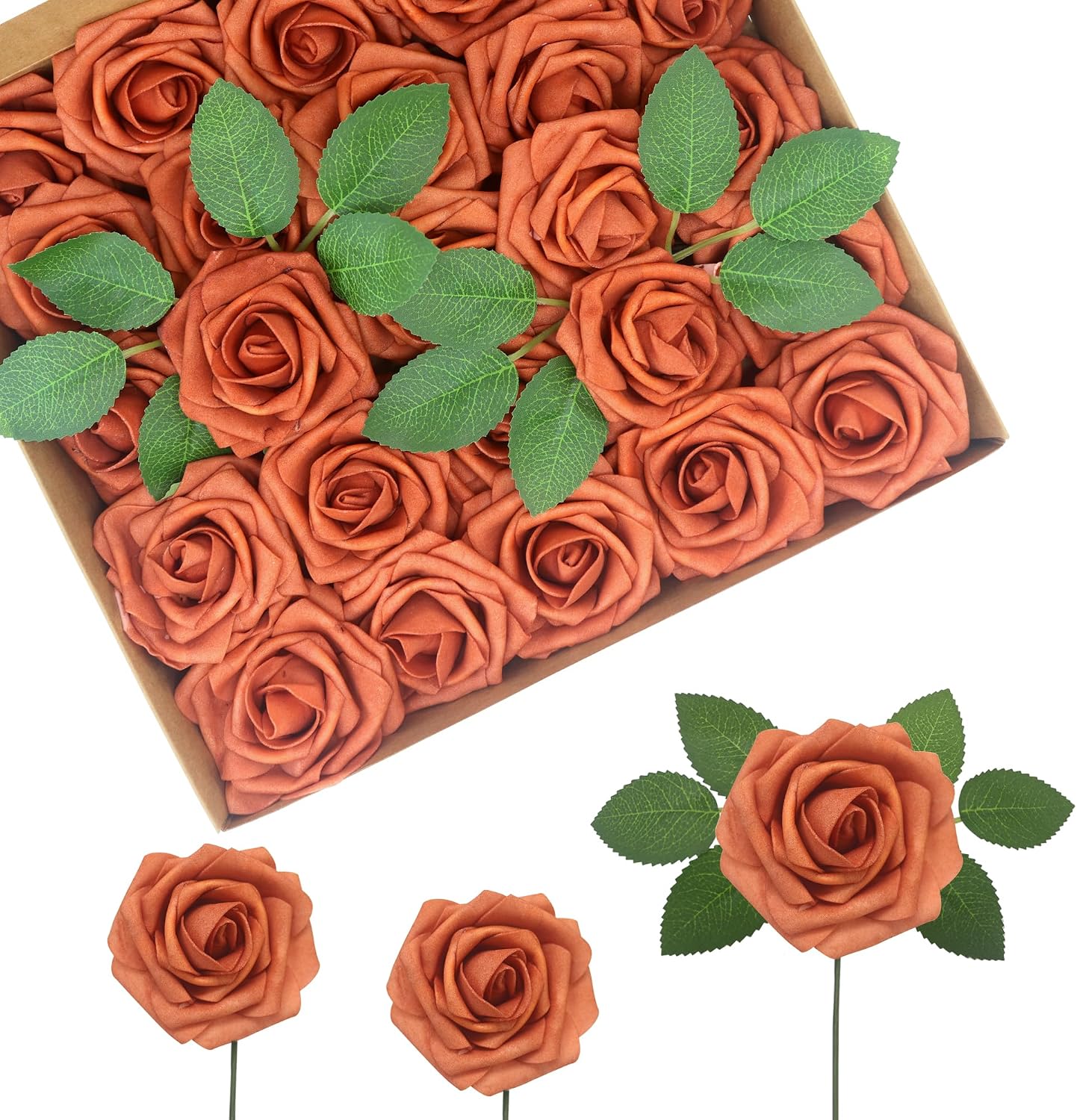 Artificial Flowers Realistic Roses, Real Looking Fake Roses with Stem for DIY Wedding Bouquets Centerpieces Bridal Shower Party Home Romantic Decorations (Burnt Orange, Regular 3" - 200pcs)