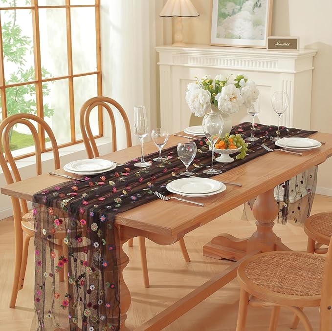 Black Embroidery Daisy Fall Table Runner 120Inch 10FT Florals Soft Sheer Tulle Fabric Table Runner for Home Decor, Brithday, Wedding, Baby Shower ,Holiday ,Parties, DIY Craft,1PC