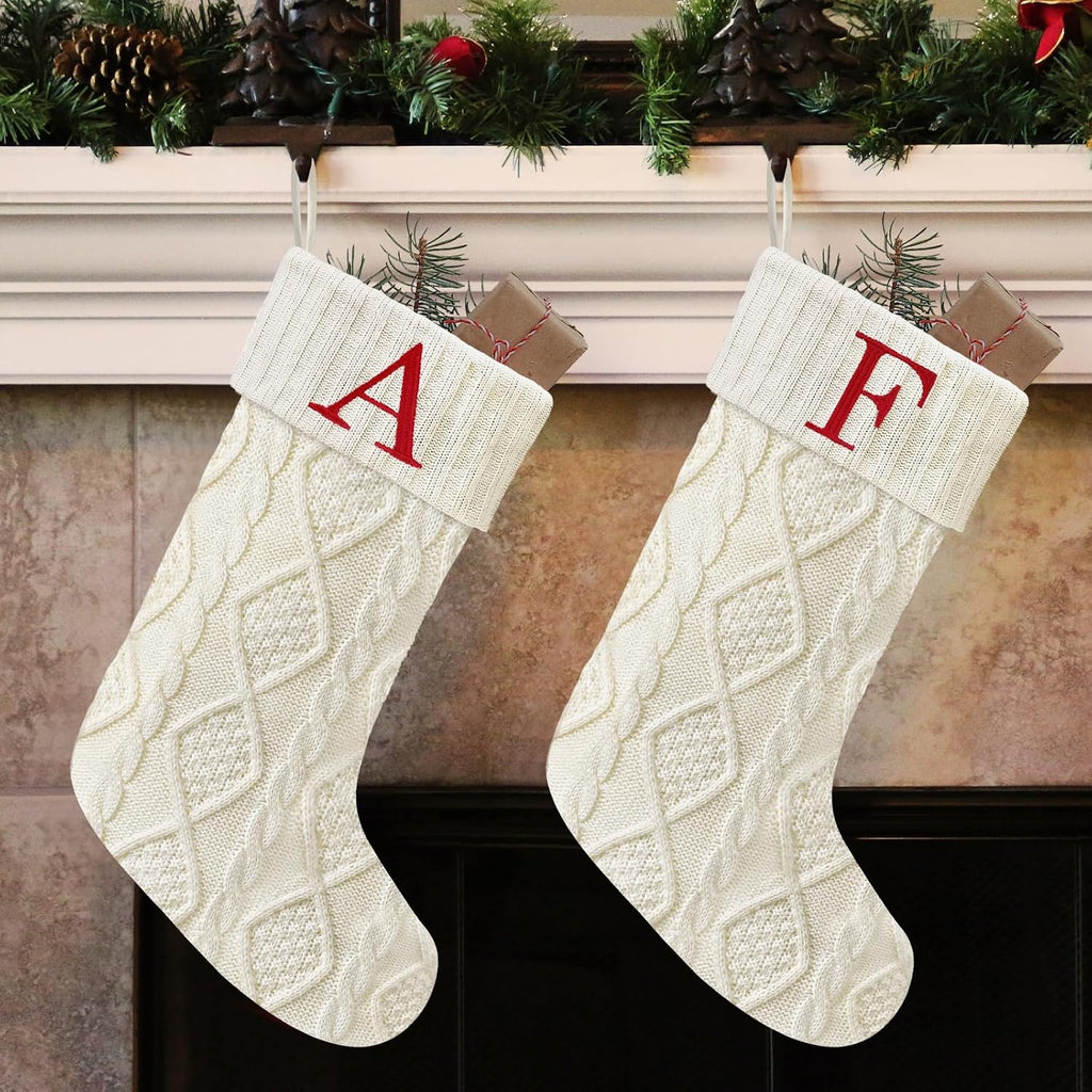 Senneny Christmas Stockings with Initials, 20” Large Embroidered Monogram Knitted Stockings for Family, Kids, Xmas Holiday Party Gifts & Decoration for Fireplace, White, Letter A