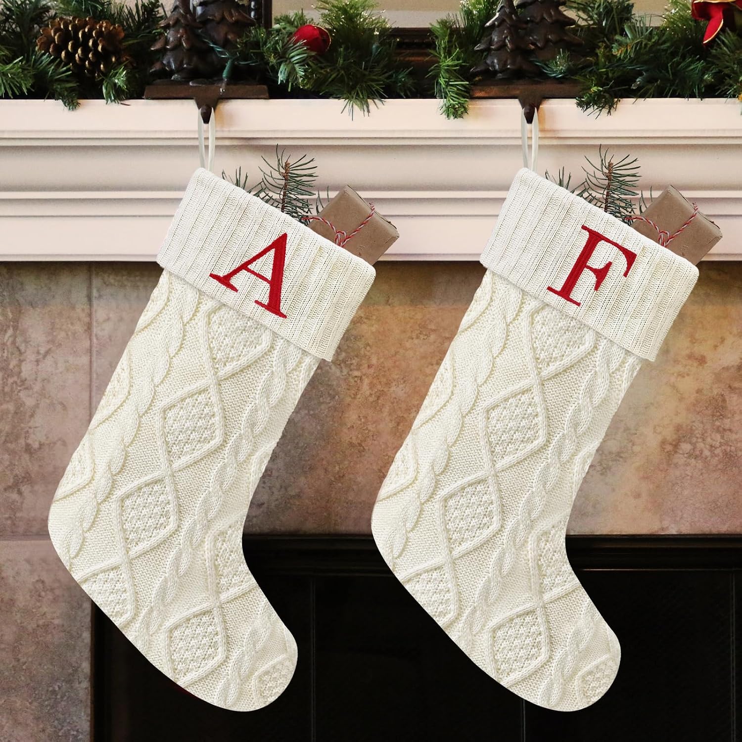 Senneny Christmas Stockings with Initials, 20” Large Embroidered Monogram Knitted Stockings for Family, Kids, Xmas Holiday Party Gifts & Decoration for Fireplace, White, Letter A