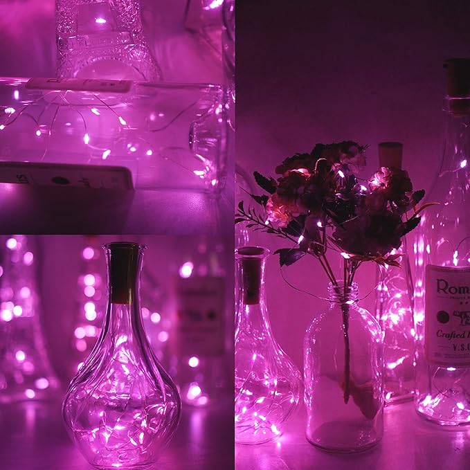 Wine Bottle Lights with Cork, Battery Operated 20 LED Cork Shape Silver Wire Colorful Fairy Mini String Lights(No Bottles) for DIY, Party, Decor, Christmas, Halloween,Wedding (3, Pink)