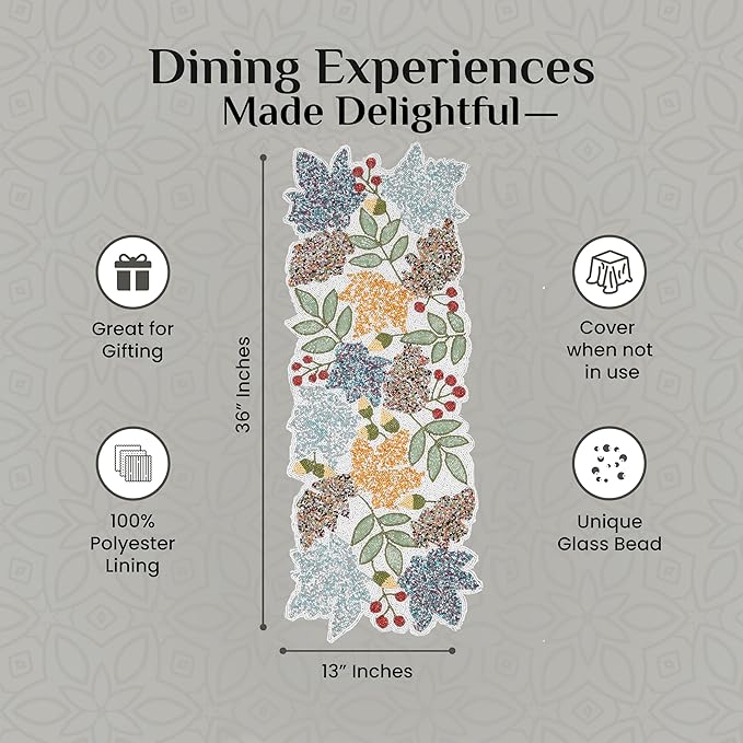Boho Beaded Table Runner - 36" Handcrafted Glass Beads Floral Design with Durable Non-Slip Polyester Backing for Dining, Coffee Table & Special Occasions (Multi) - CLEENTABLE