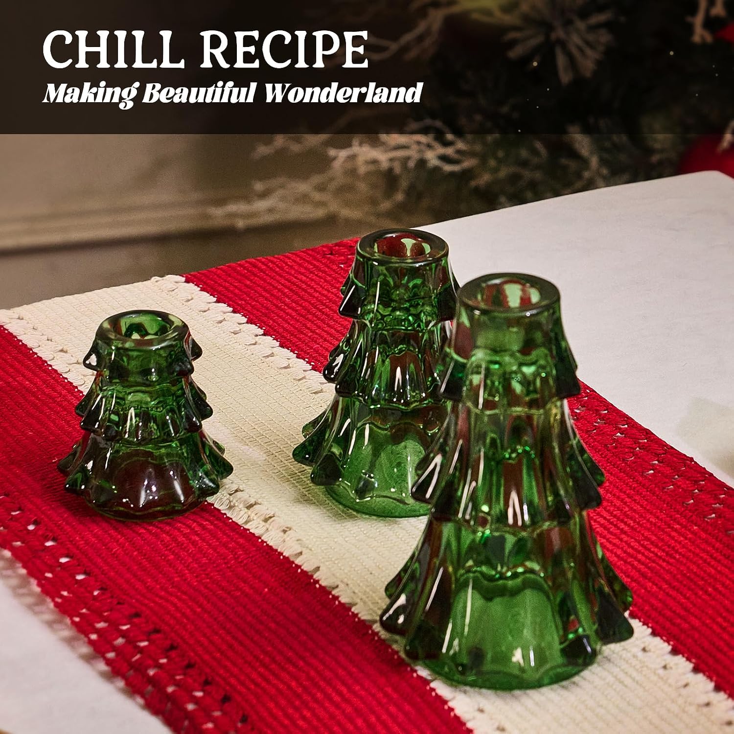 CHILL RECIPE Christmas Tree Candle Holders Xmas Glass Taper Candlestick Holders Thickened with Rubber Candle Grippers for Decoration Table Centerpiece Dinner Party Home Decor(Green 3Pcs &Box)