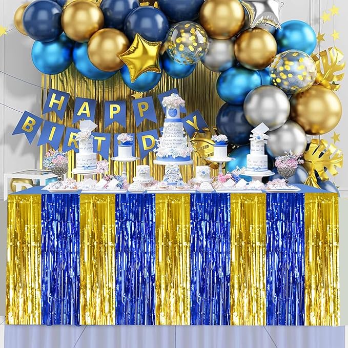BEISHIDA 2 Pack Blue Gold Table Skirts Party Decorations Metallic Tinsel Foil Fringe Table Skirts for Birthday Retirement Anniversary Graduation Congrats 2026 Party