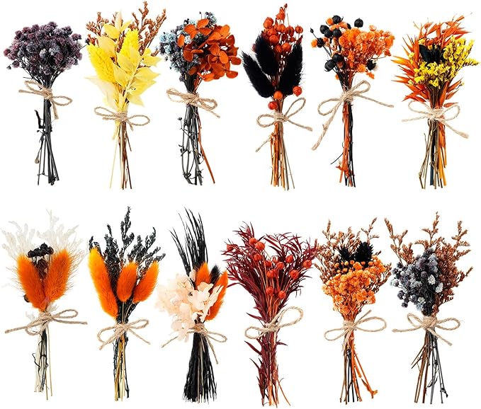 10/12/24/36 Pack Mini Dried Flowers for Vase Wedding Various Mini Bouquet Dried Small Wildflowers Natural Flowers Bulk for Crafts DIY Decor (12, Halloween Color2)