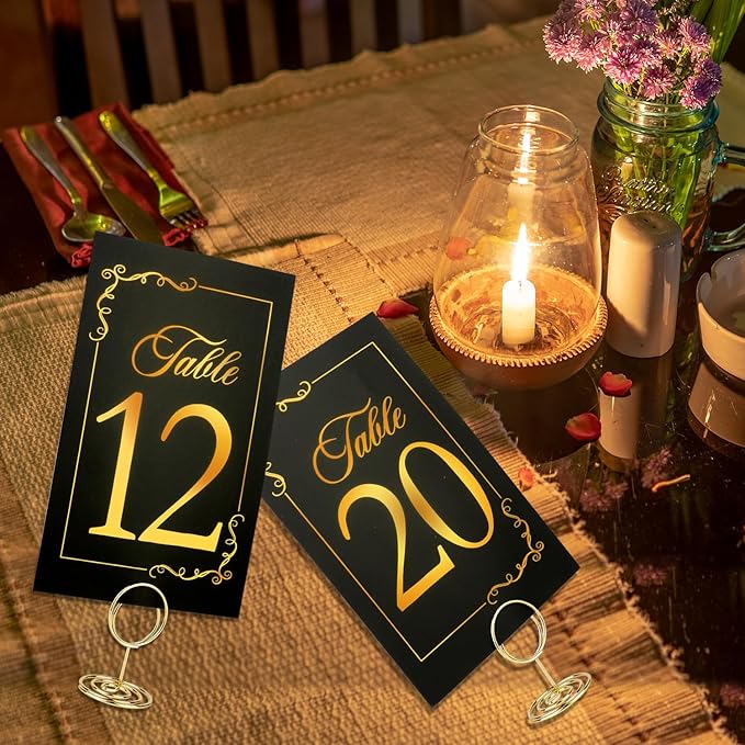 Wedding Table Numbers 1-30 with Head Table Card, Black & Gold Cards and Holders, 1 Set of 31 for Wedding Reception
