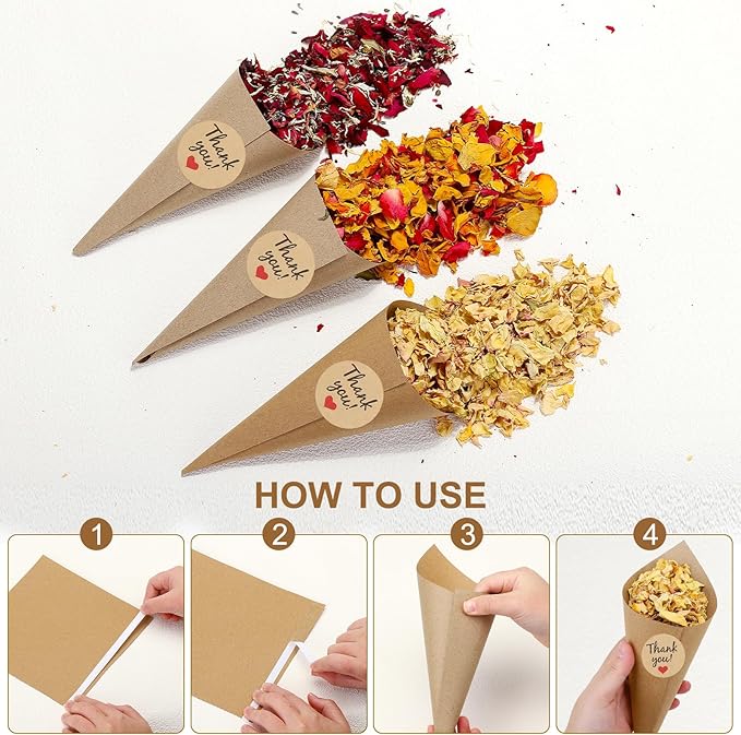 PATIKIL Dried Flower Confetti Cones, 30Pcs Paper Tapers Cone Holder with Dried Rose Petals / Sticker for Wedding Party Engagement Birthday DIY Decoration, Light Yellow/Pink