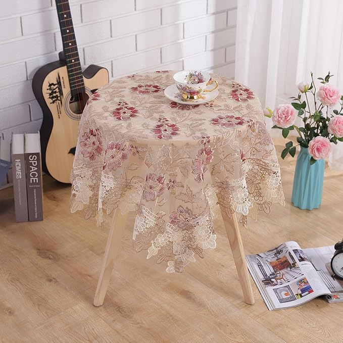 Round Embroidered Lace Tablecloth Vintage Decorative Exquisite Border Table Cover for Party Wedding Home Decorations, Round-35, Red