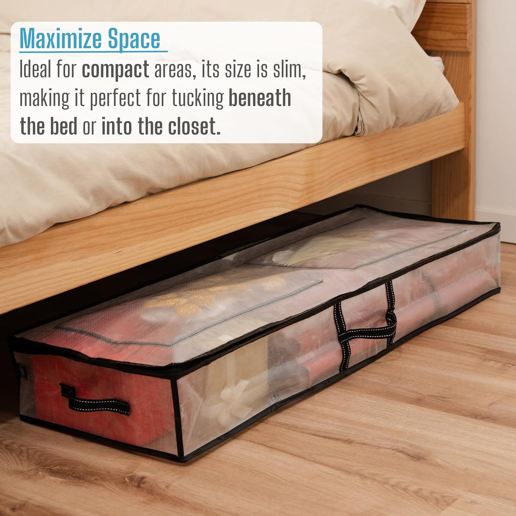 VENO 2 Pack Clear Wrapping Paper Organizer Storage Box for Christmas Gift Bags and Holiday Accessories, Underbed Storage Container with Interior Pockets, 40 Inches Long Fits 24 Rolls (2 Pack)