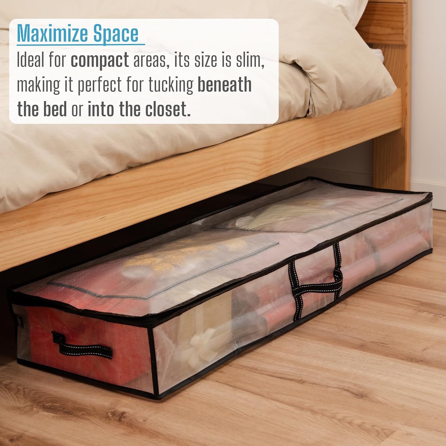 VENO 2 Pack Clear Wrapping Paper Organizer Storage Box for Christmas Gift Bags and Holiday Accessories, Underbed Storage Container with Interior Pockets, 40 Inches Long Fits 24 Rolls (2 Pack)