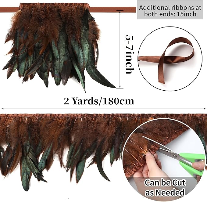 Holmgren 5-7inch Rooster Feathers Trim - 2 Yards Coffee Rooster Feather Fringe Trim for Feather Shawl Cape, Skirt, Earrings, Gloves and Weeding Party Decoration (Coffee)