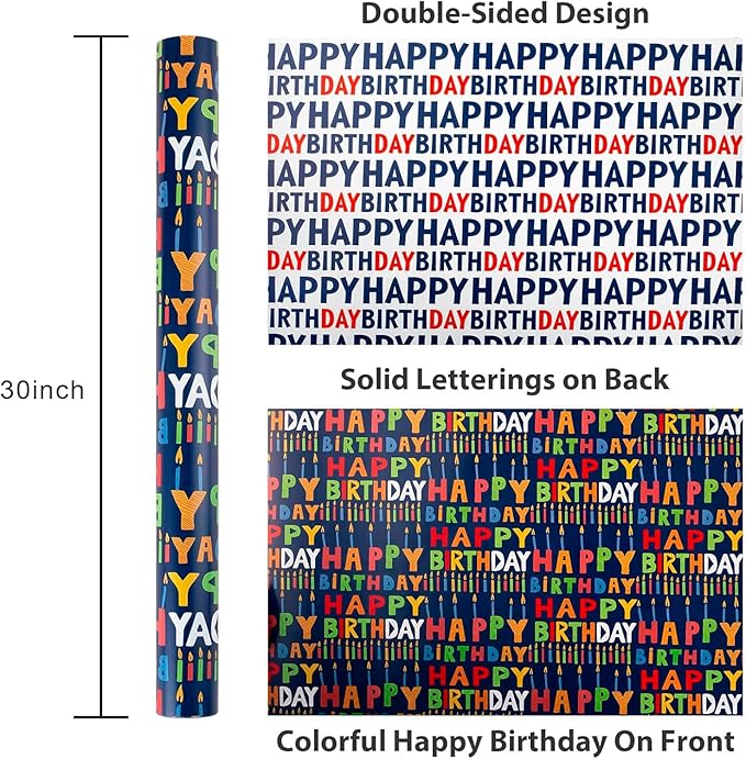 Yarcony Reversible Birthday Wrapping Paper Roll - 17 Inch X 16.5 Ft(23.4 Sq.Ft.Ttl) - Creative Colorful Happy Birthday Lettering & Candle Navy Blue Gift Wrap for Party, Baby Shower & Holiday
