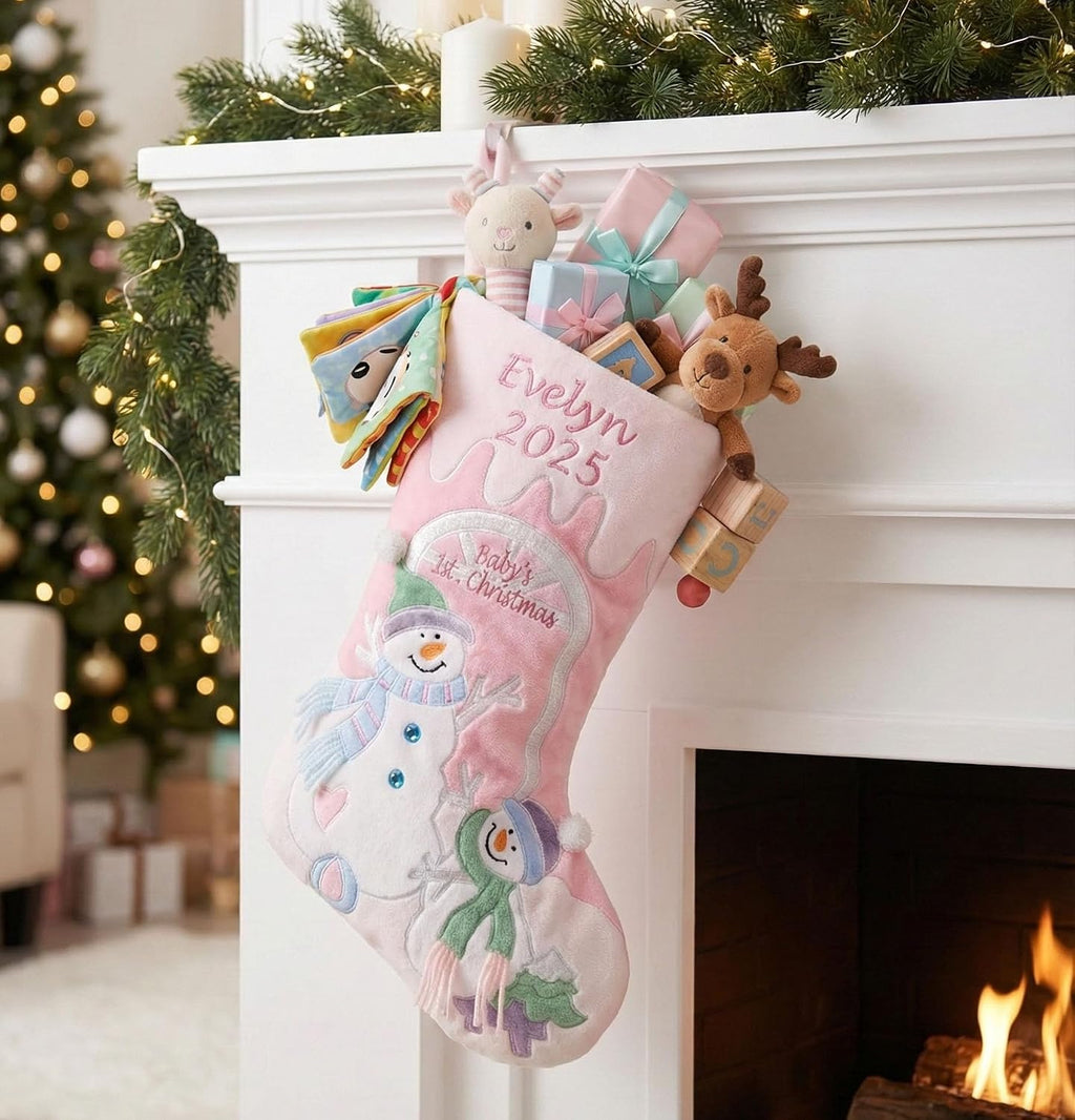 Baby's 1st Christmas Stocking with Large 20" Pink Snowman Velvet Personalized Stockings for First Christmas