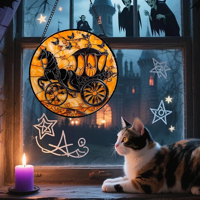 Stained Glass Window Hanging - Halloween Pumpkin Carriage Suncatcher for Doors Window Garden Indoor Spooky Funny Orange Sun Catchers Gothic Decor Horror Gifts for Women Men Friend 15 in