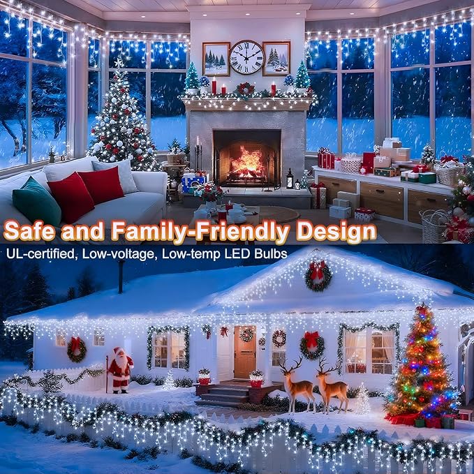 KNONEW Christmas Lights Outdoor Decorations 400 LED 33ft 8 Modes Curtain Fairy String Light with 75 Drops, Clear Wire LED String Light Decor for Wedding Party Holiday Christmas Decorations(Cool White)