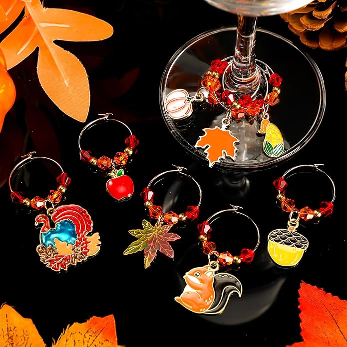 Sasylvia 8 Pieces Thanksgiving Fall Wine Glass Charms Fall Glass Markers Harvest Wine Charms Rings Tags for Stem Glasses Hostess Gifts Party Favors Drink Markers Autumn