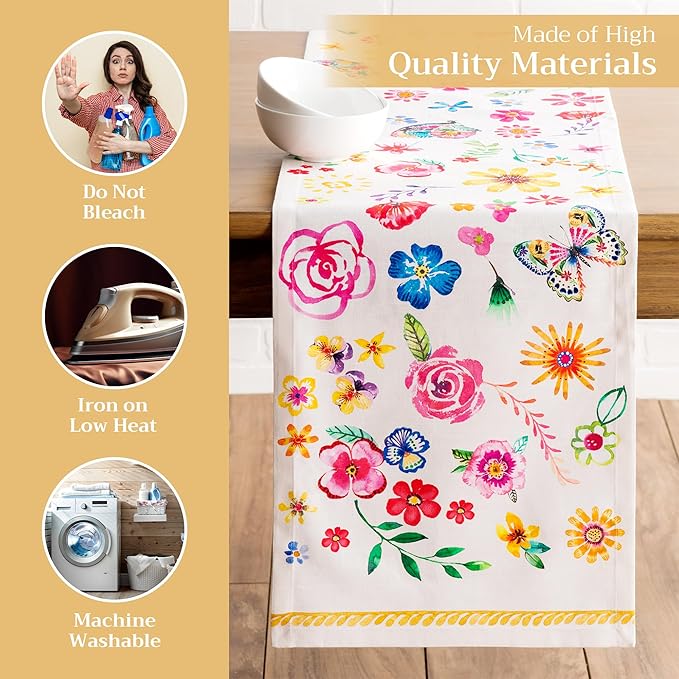 Maison d' Hermine Table Runner 100% Cotton Single Layer Table Runners 108 inches Long Decorative for Home Dining Party Wedding Bridal Shower Spring Summer (Happy Florals - Sweety, 14.50" x 108")