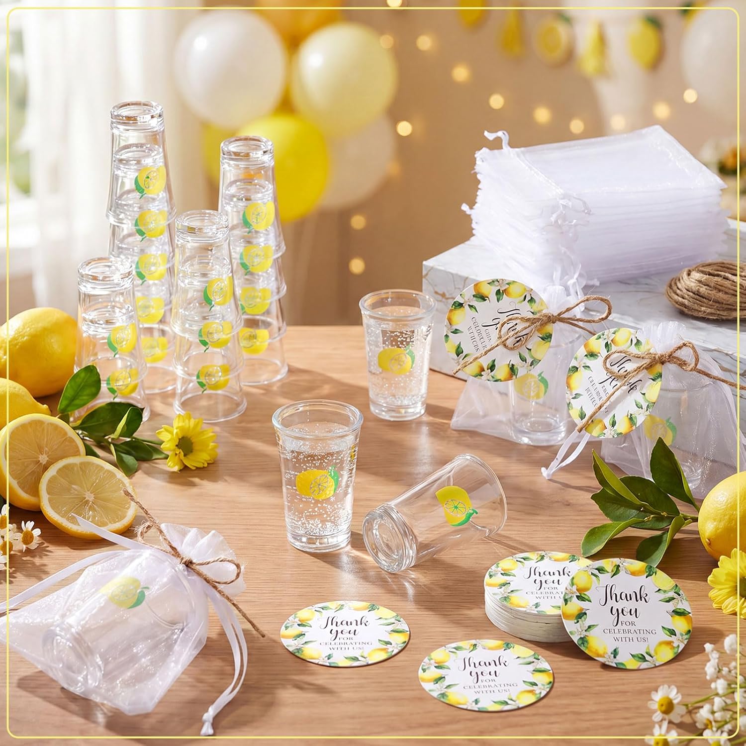 Funnymoom 50 Sets Lemon Party Favors for Guests Baby Shower Decorations with Acrylic Shot Glasses Lemon Theme Supplies for Summer Birthday Bridal Shower Gender Reveal Party