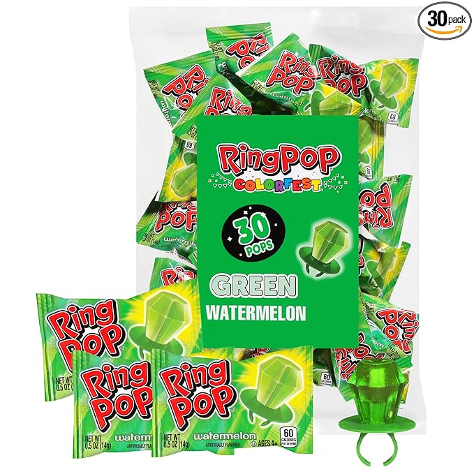 Ring Pop Green Halloween Candy Lollipops, 30Ct Bulk Candy Individually Wrapped in Green Watermelon Flavor, Full Size, Fun Hard Candy For Trick or Treat, Halloween Bowls, Gifts, Party Favors for Kids
