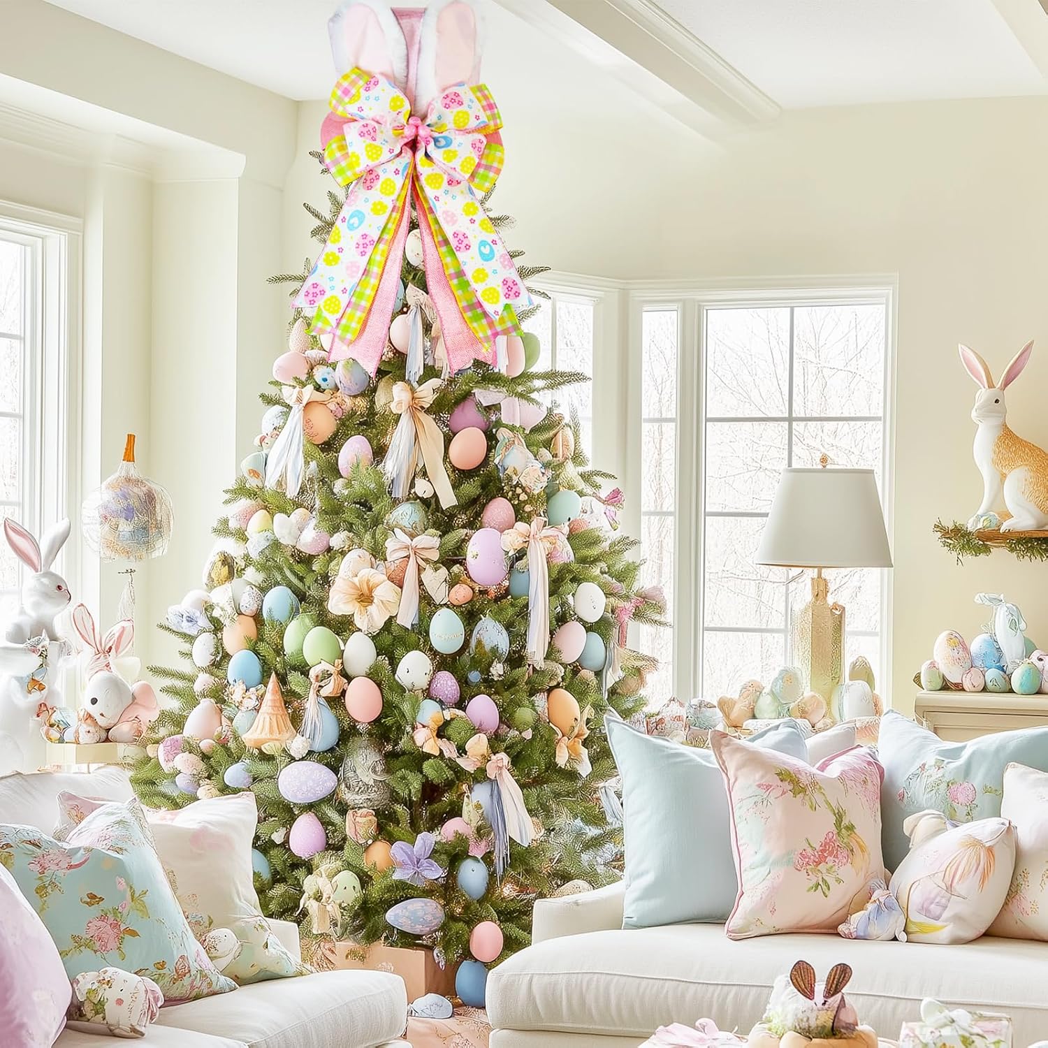 Easter Tree Topper Hat with Bunny Ears, Pink Velvet Top Hat Tree Topper with Bow, Egg Ribbon Spring Tree Decorations Ornament for Easter Christmas Tree Indoor Outdoor