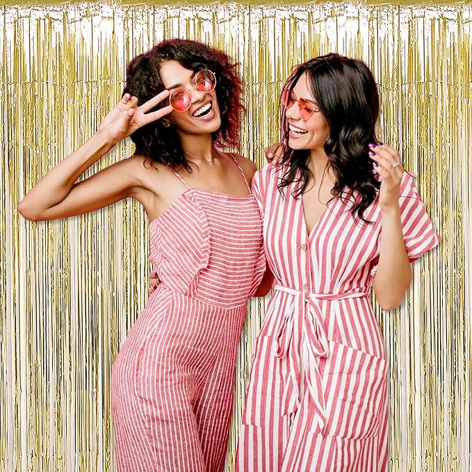 6 Pack Light Gold Foil Fringe Curtains Backdrop, 3.28 x 8.2 Ft Metallic Streamers Tinsel Curtains Background for Photo Booth, Birthday, Weddings, Carnivals, Graduation, Themed Party Decorations