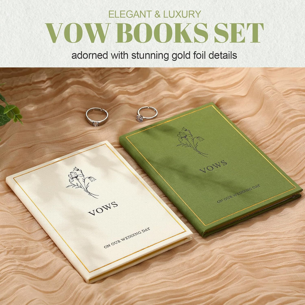 Engrowtic Set of 2 Wedding Vow Books His and Hers Vows on Our Wedding Day Notebooks with Gold Foil Fabric Cover 5.8"x 4.1" Bride and Groom Gift for Newly Engaged Couple, 60 Lined Pages(Green, Beige)