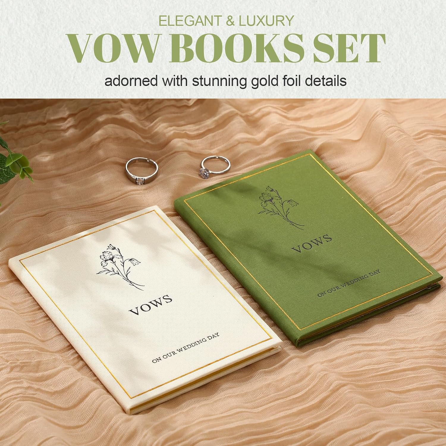 Engrowtic Set of 2 Wedding Vow Books His and Hers Vows on Our Wedding Day Notebooks with Gold Foil Fabric Cover 5.8"x 4.1" Bride and Groom Gift for Newly Engaged Couple, 60 Lined Pages(Green, Beige)