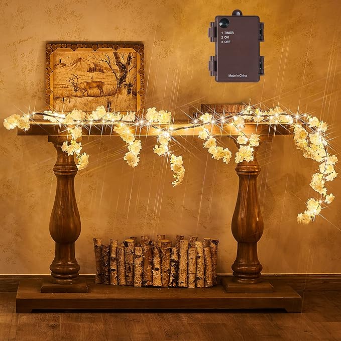 Fudios Lighted White Cherry Blossom Garland Decor with Timer 96 LED Fairy Lights 6FT for Mantle,Artificial Flower Vine with Lights Battery Operated Valentines Wedding Party Indoor Outdoor