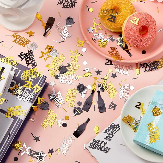 Sumind 3000 Pcs 21st Birthday Metallic Foil Confetti Table Scatter Decorations for Birthday Party DIY Arts and Crafting, Gold, Black and Silver