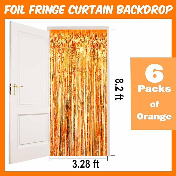 6 Pack Orange Foil Fringe Curtains Backdrop, 3.28 x 8.2 Ft Metallic Streamers Tinsel Curtains Background for Photo Booth, Birthday, Weddings, Carnivals, Graduation, Themed Party Decorations