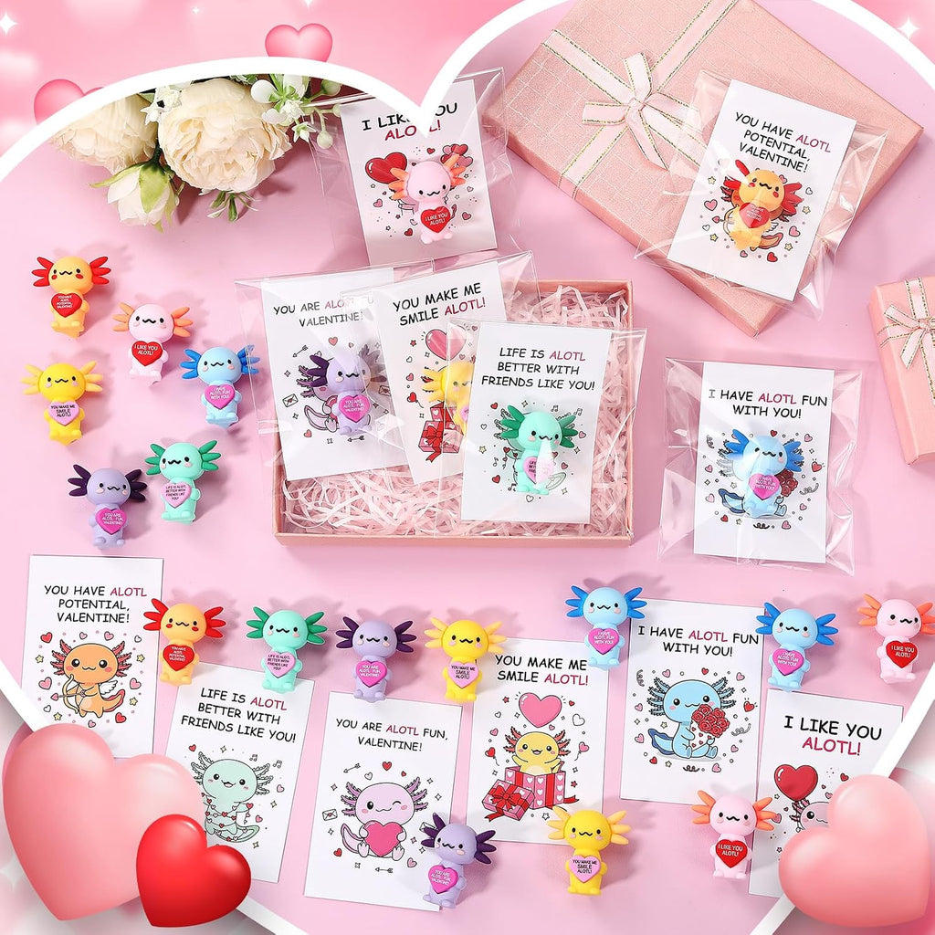 Gejoy 25 Sets Valentines Axolotl Figurines Gifts Positive Mini Axolotl with Positive Card Gift Bags for Valentine's Day Birthday Party Coworkers Employees