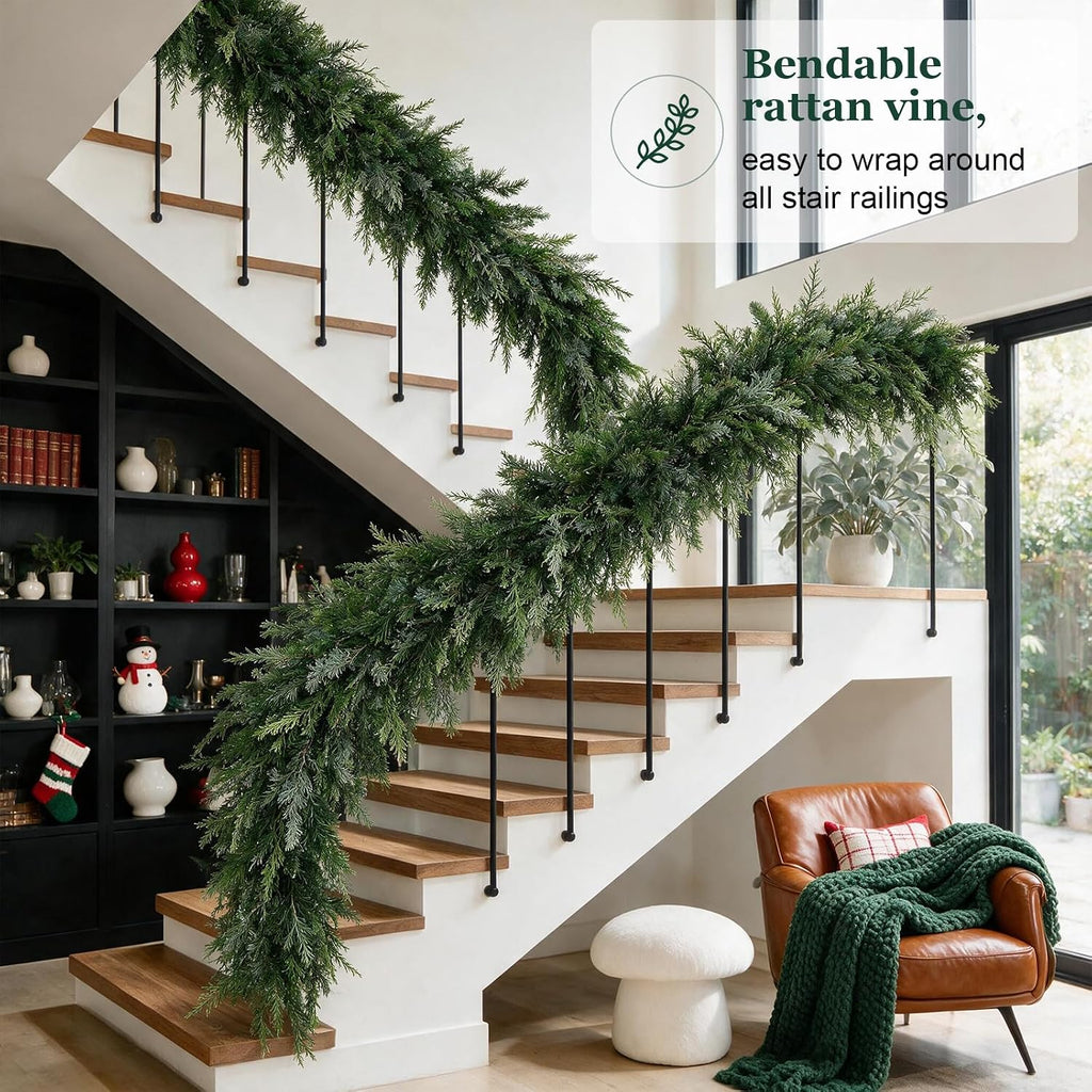 9ft christmas cedar garland,real touch soft greenery christmas showing dimensions