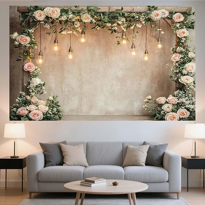 5x4ft Country Wedding Photography Backdrop Floral Rustic Roses Farmhouse Wooden Door Backdrop Pink Flower Birthday Baby Shower Wedding Bridal Party Banner Photo Booth Props Anniversary Background